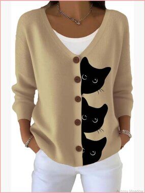 Women's Halloween Black Cat Print Cardigan Sweater Autumn Cute Casual